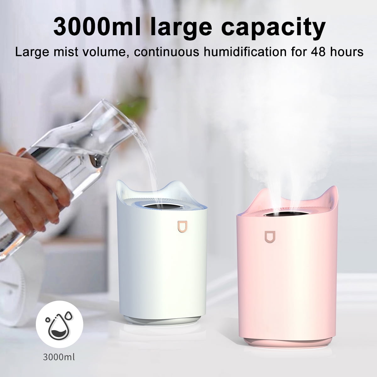 Durcord 3.3L Humidifier for Room,Ultrasonic Cold Mist Air Humidifier for Bedroom with Colorful Cat LED Light,Up to 48 hour Runtime,Pink