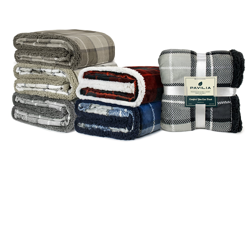PAVILIA Premium Plaid Sherpa Fleece Throw Blanket | Super Soft, Cozy, Plush, Lightweight Microfiber, Reversible Throw for Couch, Sofa, Bed, All Season (50 X 60 Inches Charcoal Grey)