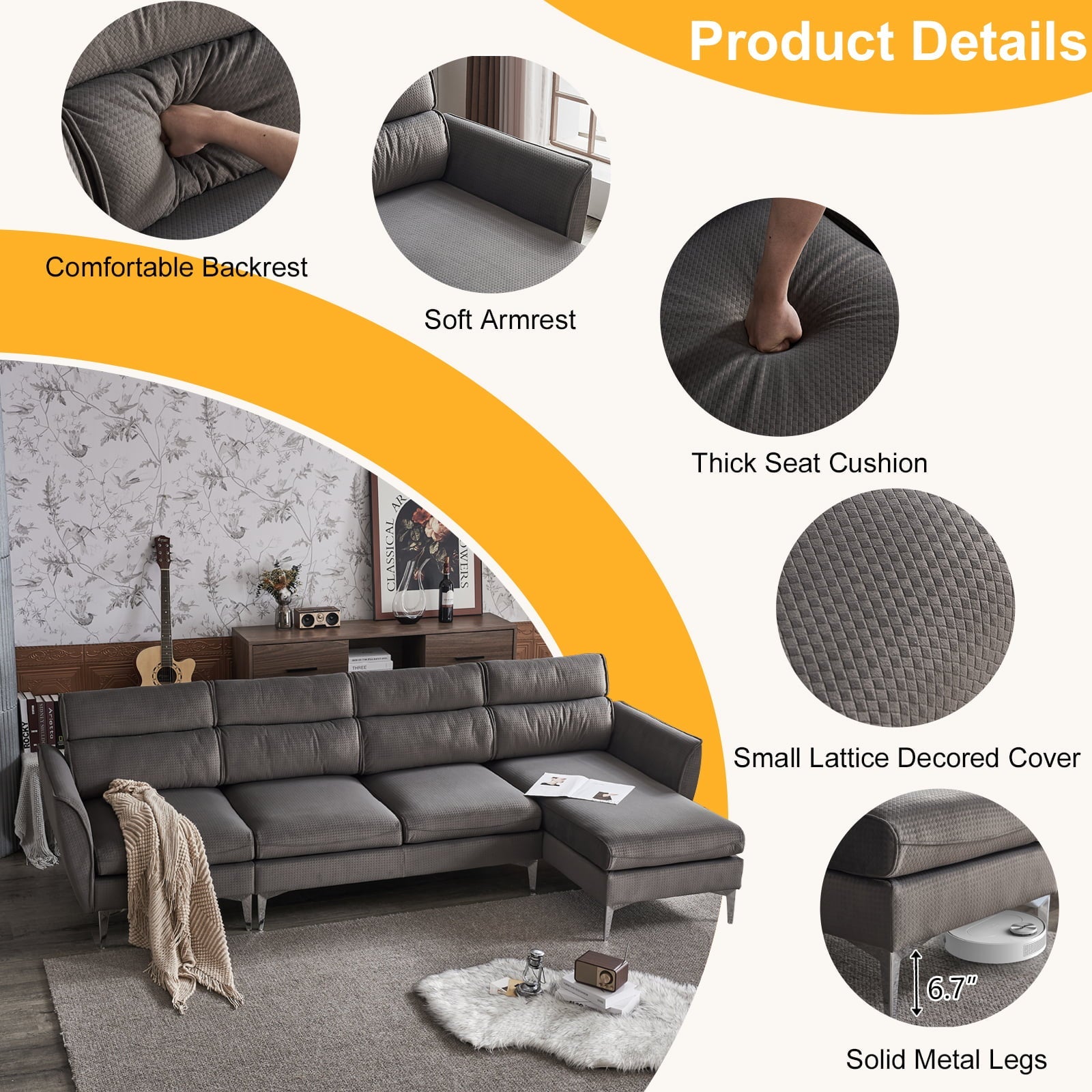 Ktaxon L Shape Sectional Sofa with Reversible Chaise, 112