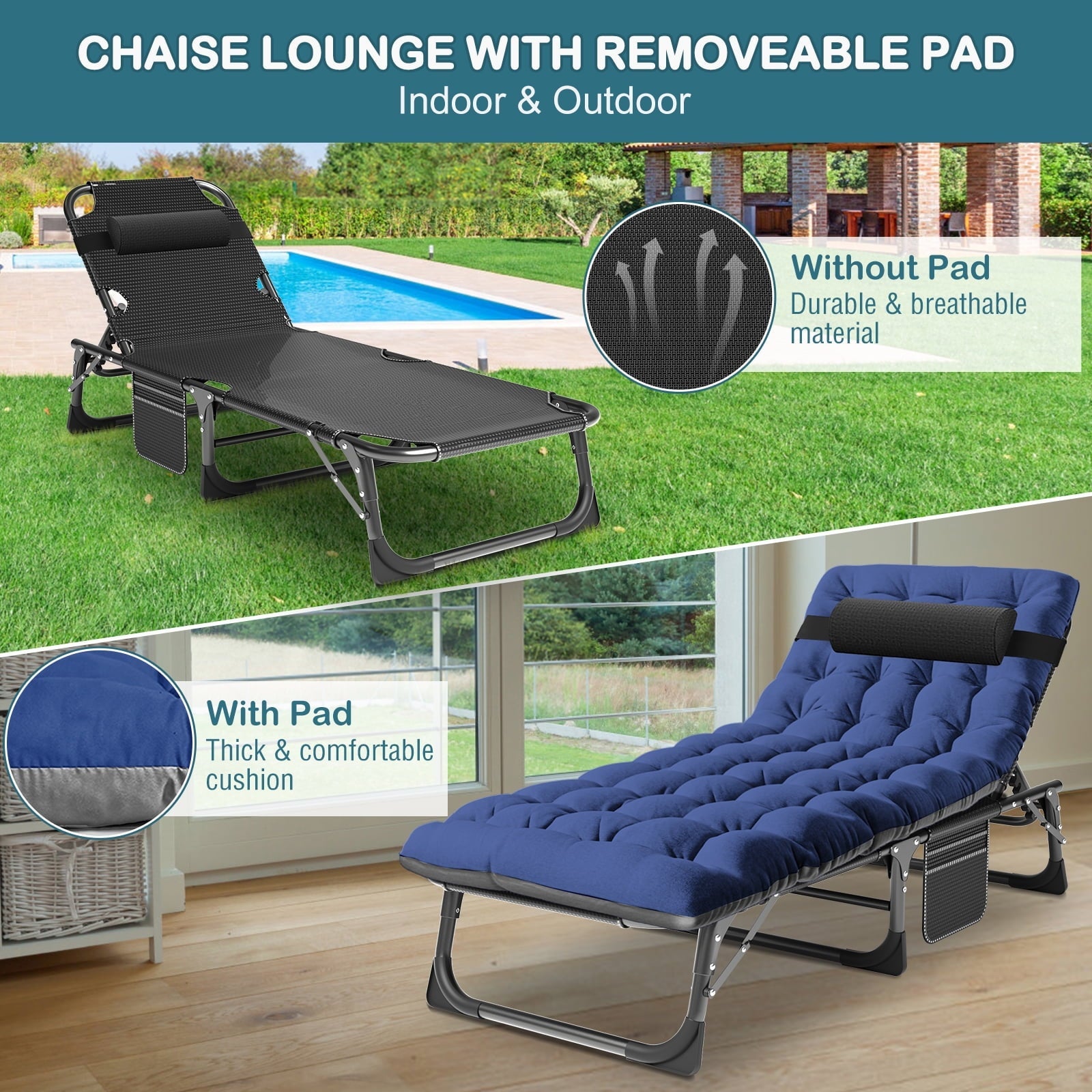 Docred 5-Fold Lounge Chair for Bedroom and Living Room, Adjustable 5-Position Sleeping Chair with 2-Sided Mattress & Pillow, Portable Folding Bed Cot