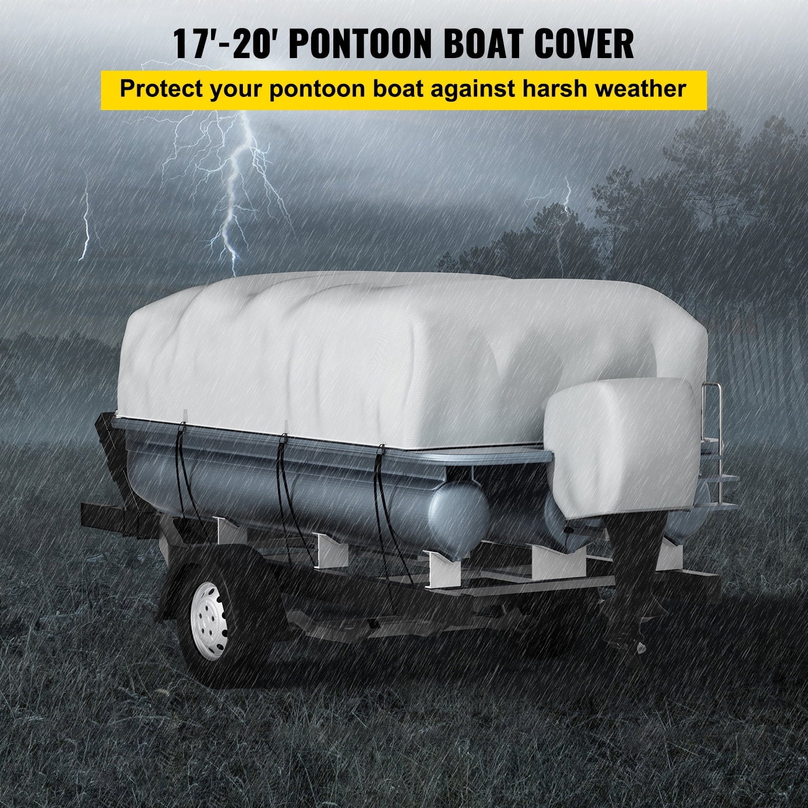 VEVOR Pontoon Boat Cover, Fit for 17'-20' Boat, Heavy Duty 600D Marine Grade Oxford Fabric, UV Resistant Waterproof Trailerable Boat Cover w/ 2 Support Poles and 7 Wind-proof Straps, Gray