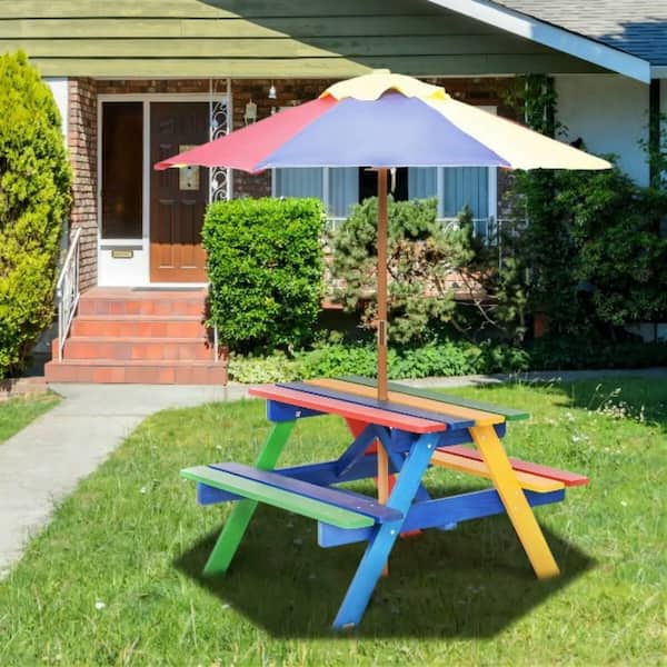 Wooden Outdoor Kids Picnic Table with Umbrella and Bench