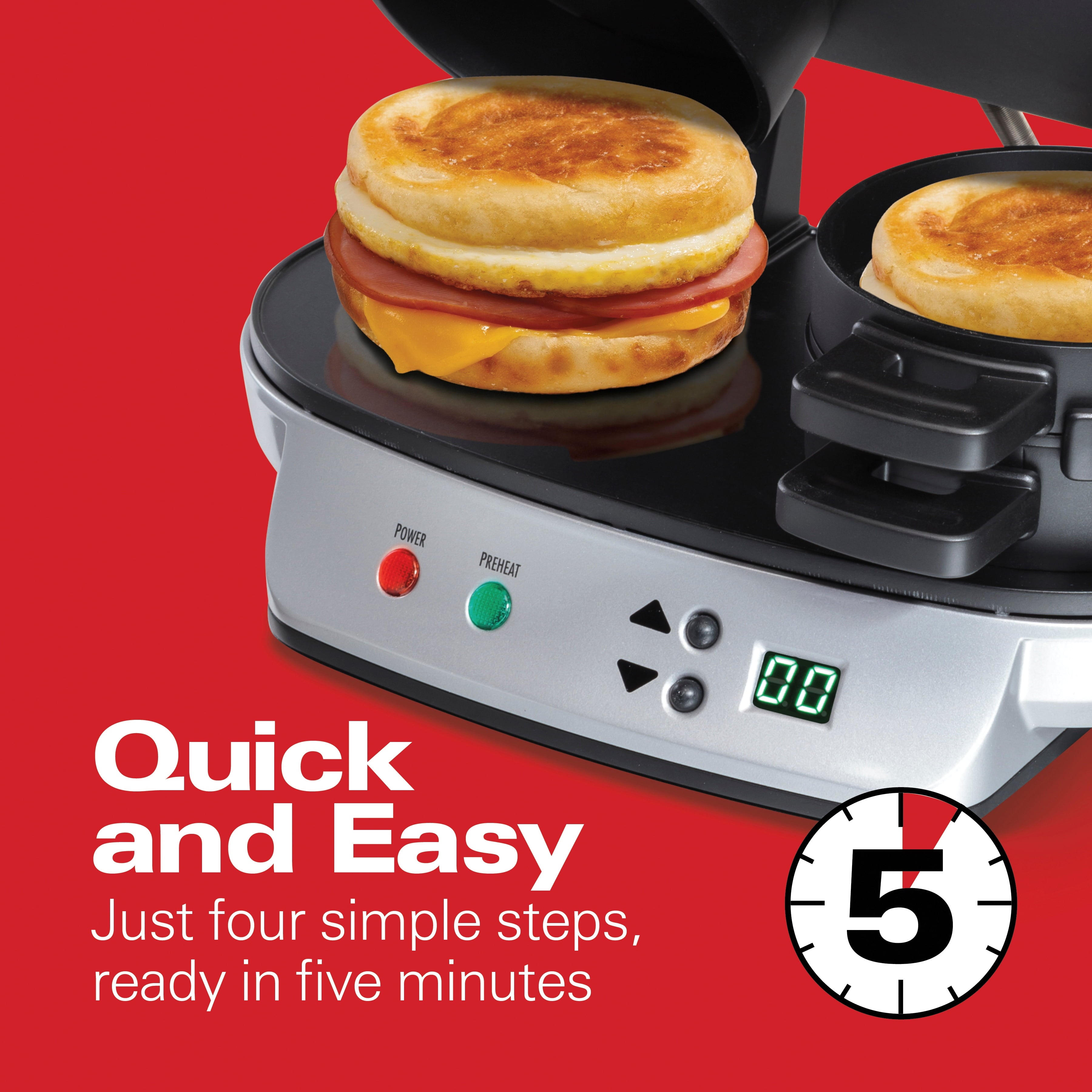 Hamilton Beach Dual Breakfast Sandwich Maker with Timer, 2 Sandwich Capacity, Silver, 25490