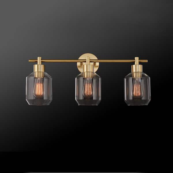Cannes 24.5 in. 3-Light Brass Vanity Light with Clear Glass Shades and Bath Set (5-Piece)