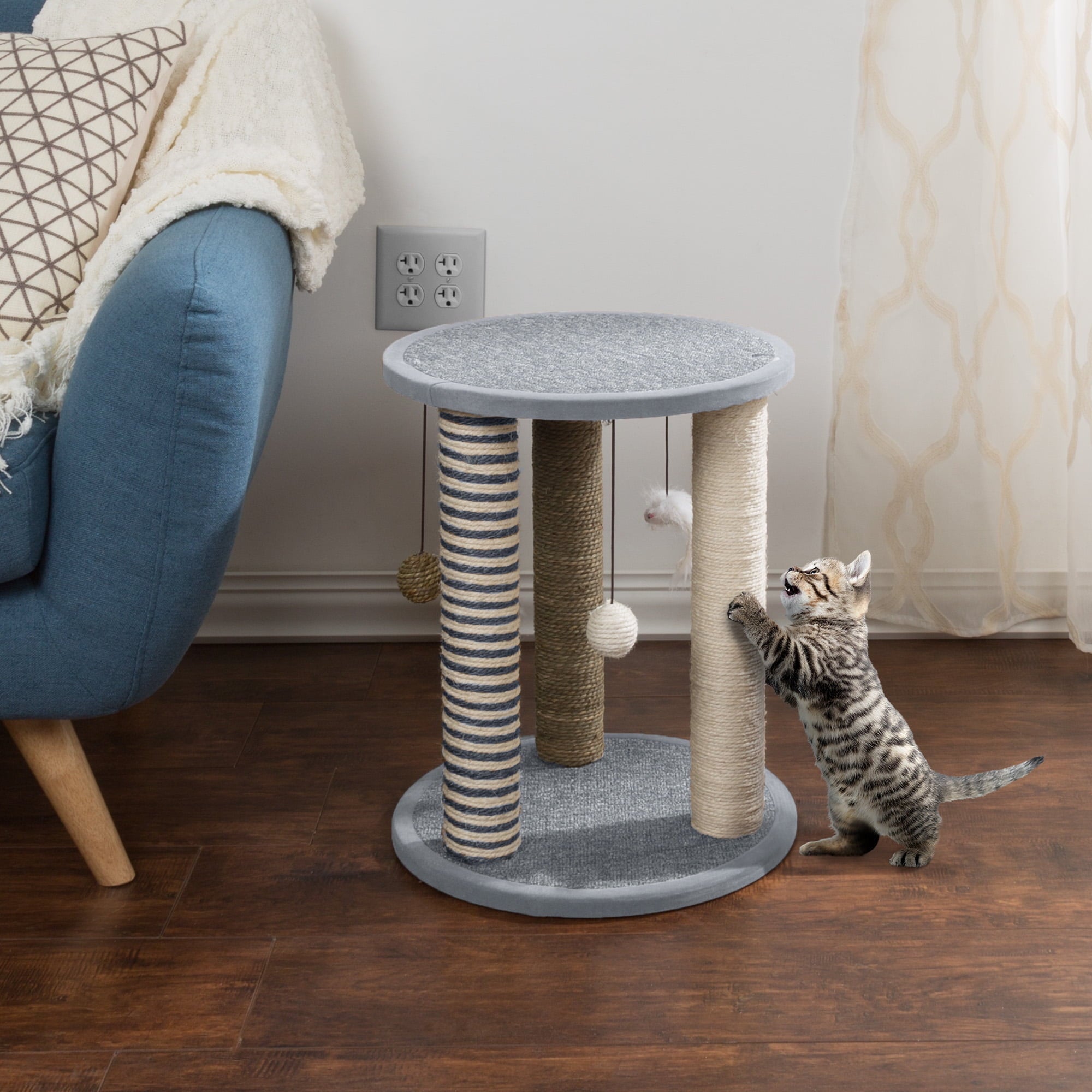 PetMaker Gray Cat Sisal Scratching Post Tower - 3 Posts, 2 Carpeted Perches, Hanging Ball/Mouse Toy