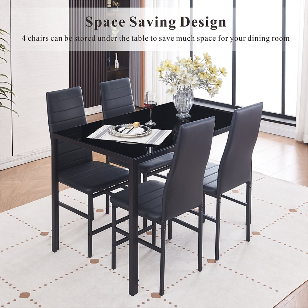Dining Table Set for 4, 5 Piece Kitchen Table and Chairs with Black Tempered Glass Table Top and 4 Black Faux Leather Metal Frame Chairs,47.2