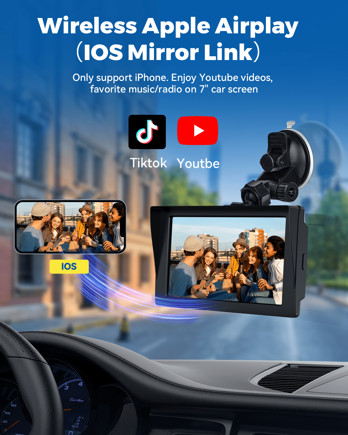 Lamtto Wireless Apple Carplay & Android Auto Car Stereo with Bluetooth, 7'' Touchscreen Carplay Car Radio with Siri, AUX, FM, Multimedia Player, GPS Navigation