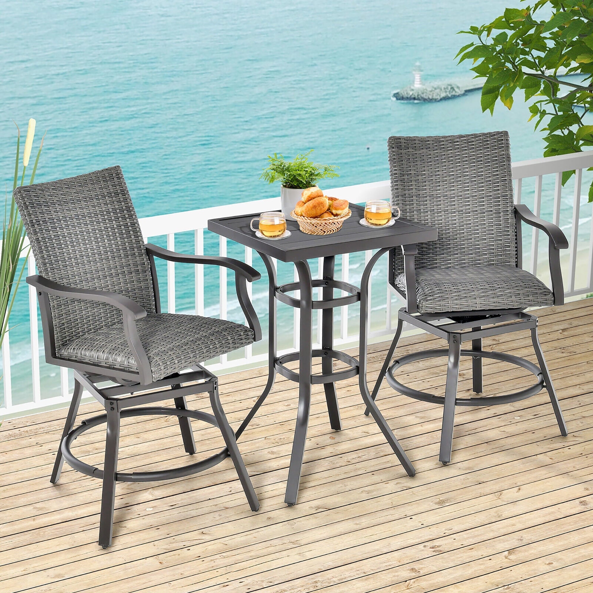 Gymax 2PCS Patio Wicker Aluminum 360° Swivel Bar Height Chairs W/4D Air Fiber Balcony