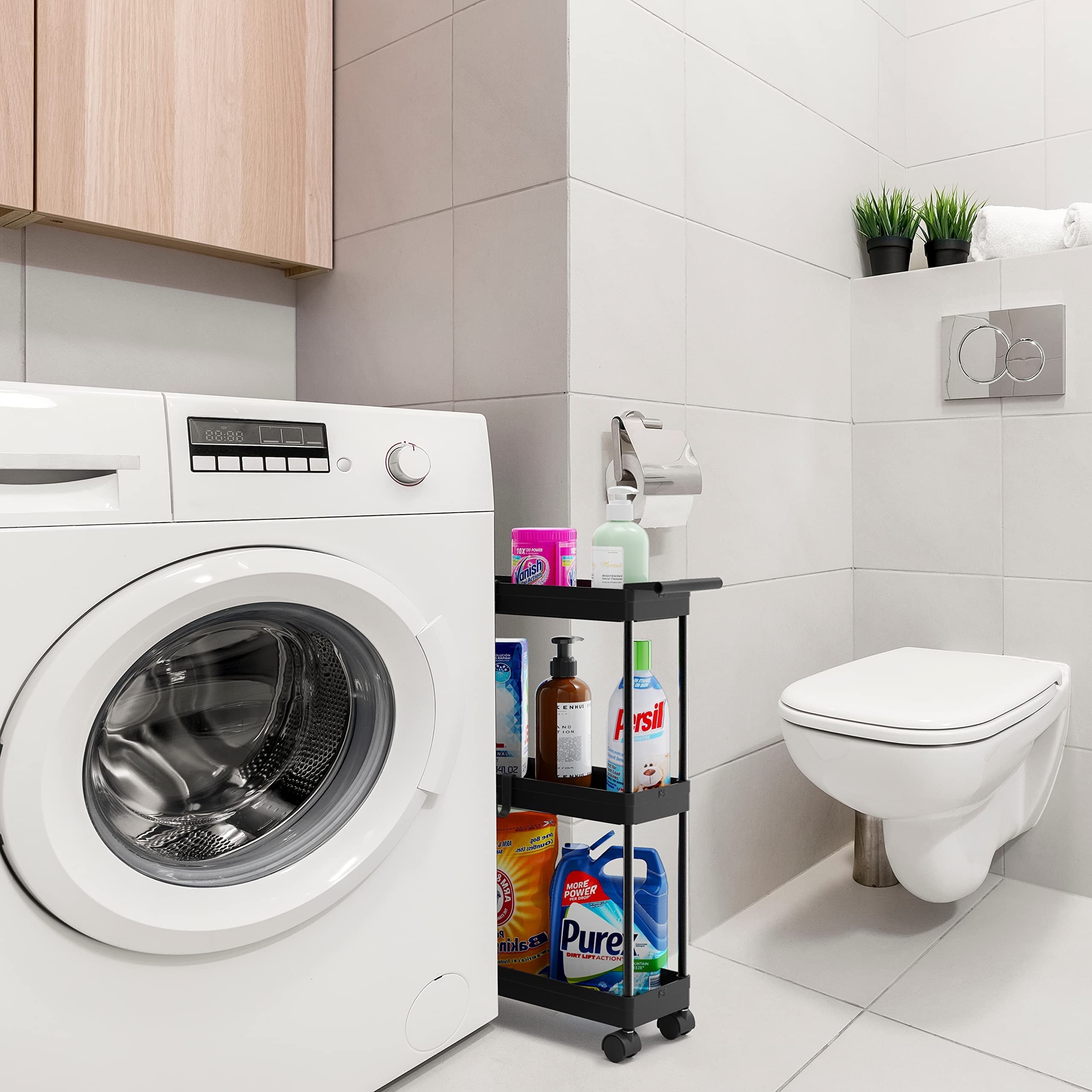 Simplehouseware Kitchen Cart Storage 3-Tier Slim/Super Narrow Shelves with Handle, 26.5'' Height/5.5'' Width for Narrow Place, Black