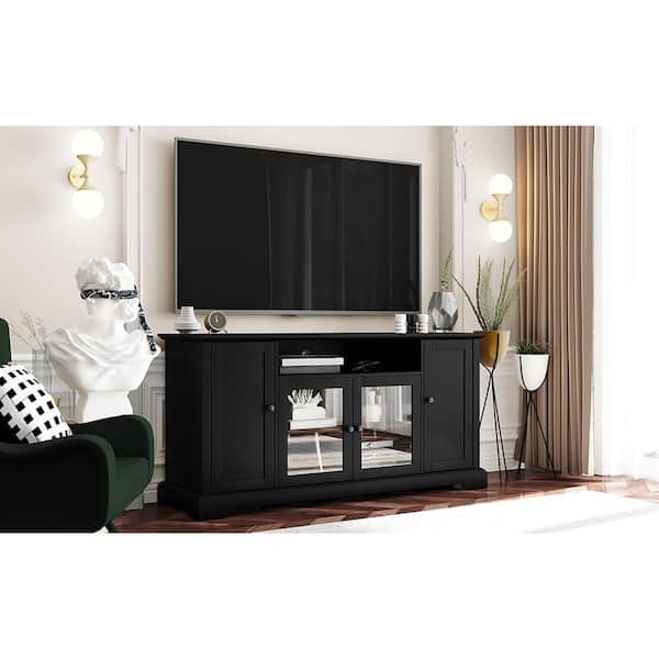 59.80 in. W Black TV Stand Fits TV up to 65 in. with 2-Tempered Glass Doors Adjustable Panels Open Style Cabinet