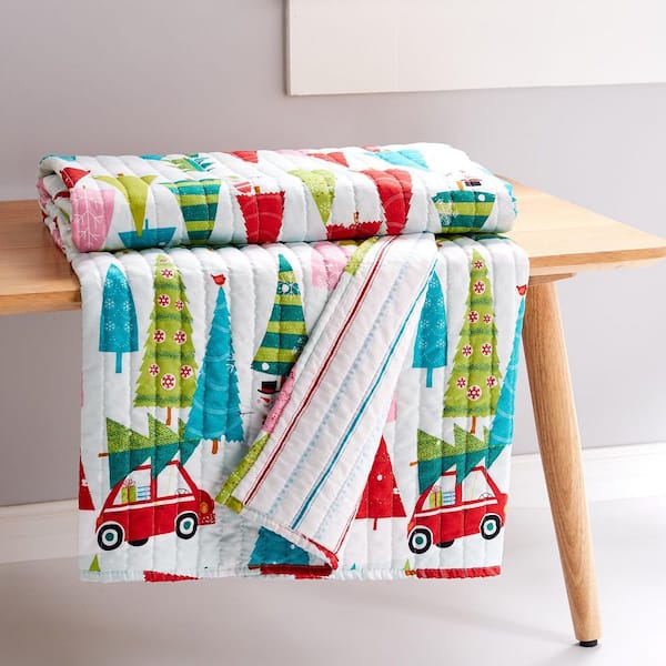Holly Jolly Multi-Color Christmas Trees Reversing to Stripes Quilted Microfiber Throw Blanket