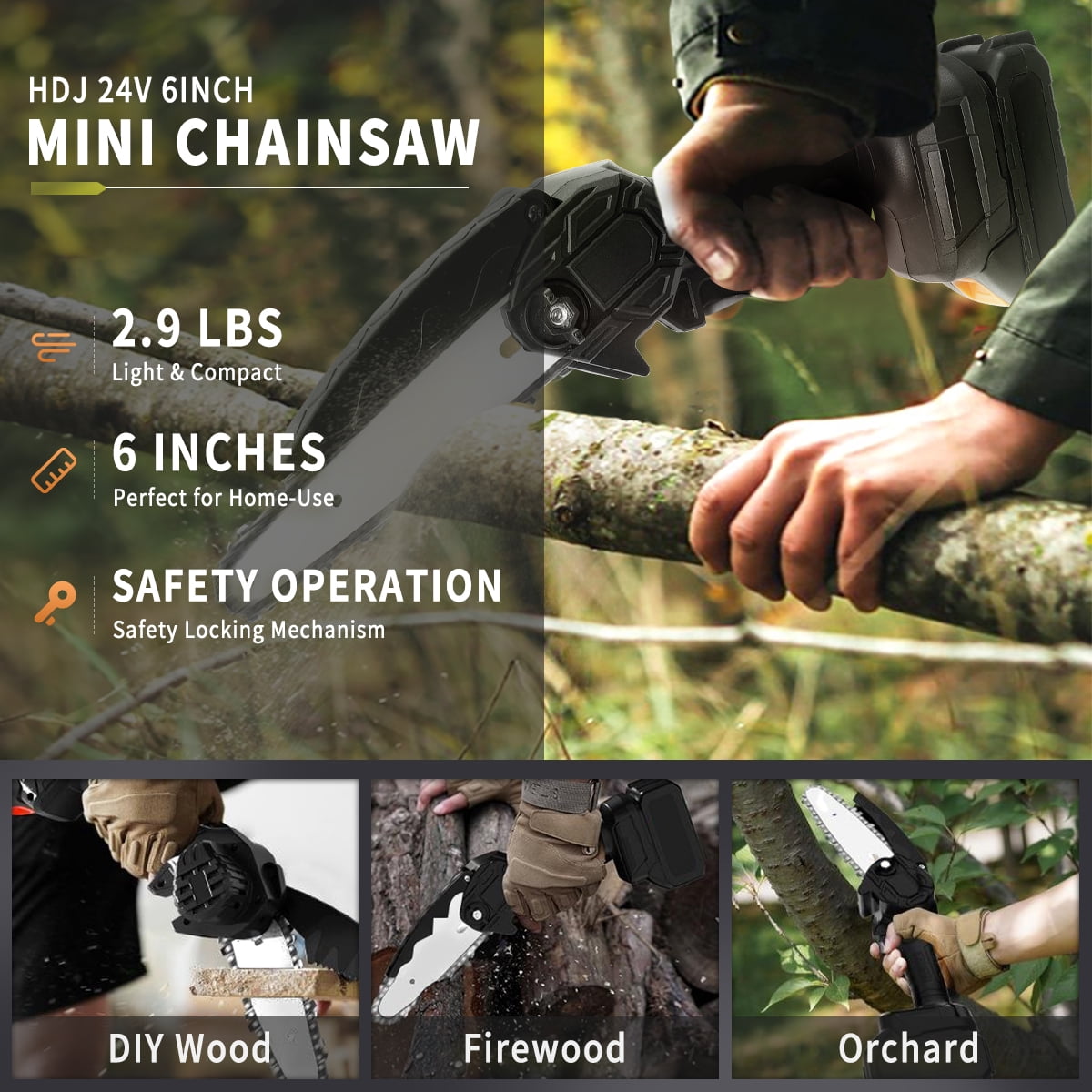 HDJ 6 inch Cordless Mini Chainsaw with 2PCS Batteries,Electric Chainsaw Portable One-Hand for Wood Cutting Tree Branch Trimming