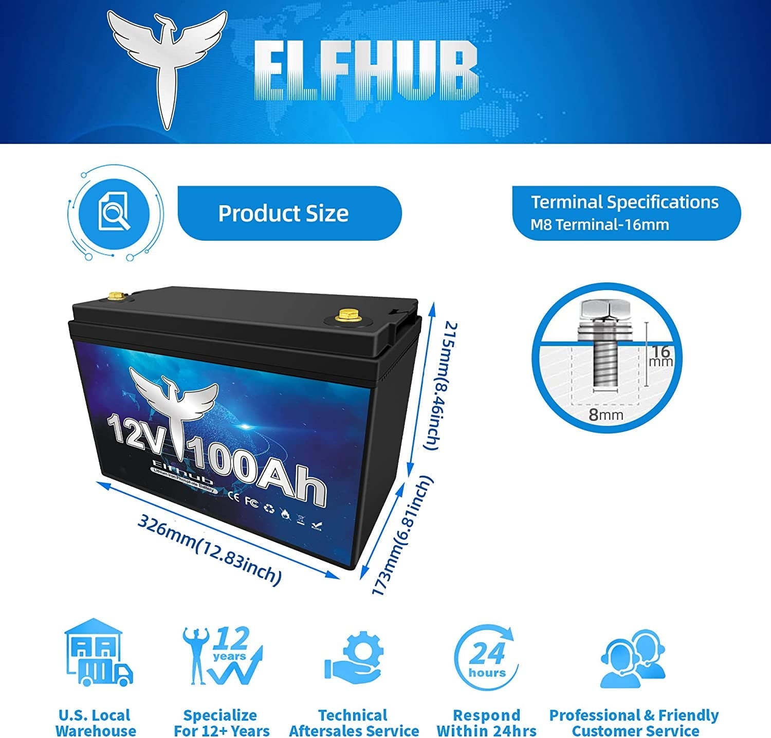 Elfhub 12v 100Ah LifePo4 Battery 7000 Deep Cycles with BMS Lithium Iron for RV Campers Solar Marine Caravans Golf Carts Boat Fishing