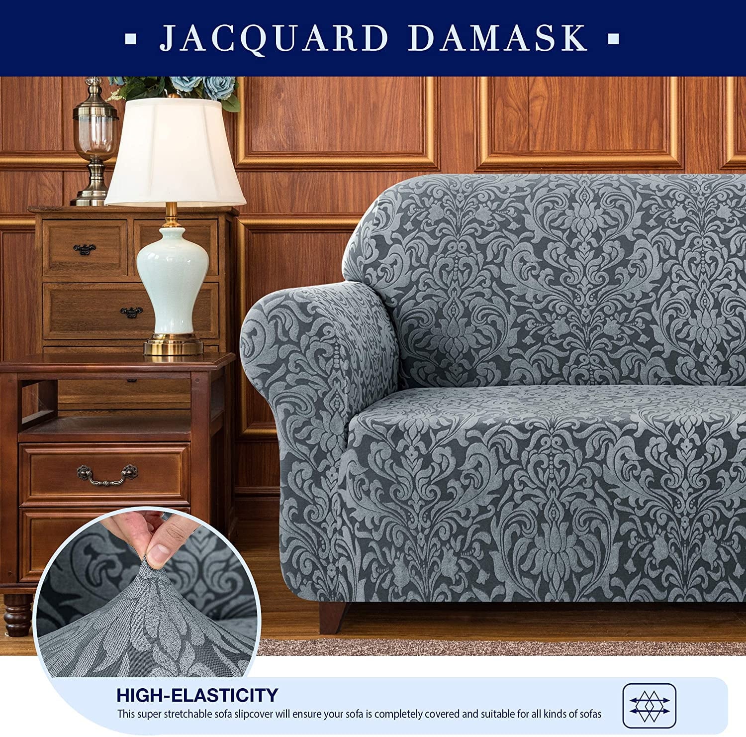 Subrtex Sofa Slipcover 1-Piece Jacquard Damask Couch Cover,XL Sofa,Grayish Green