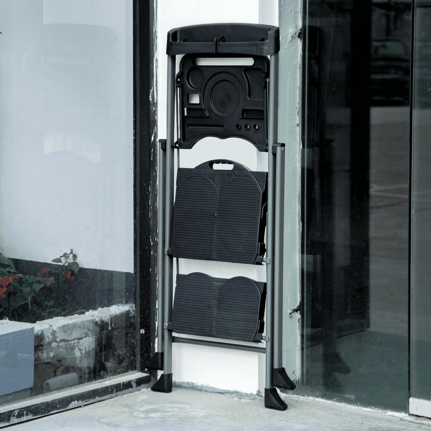 MoNiBloom 2 Step Ladder with Tool Tray, 331 lbs Weight Capacity, Steel Folding Stool With Non-Slip Wide Pedal, Black