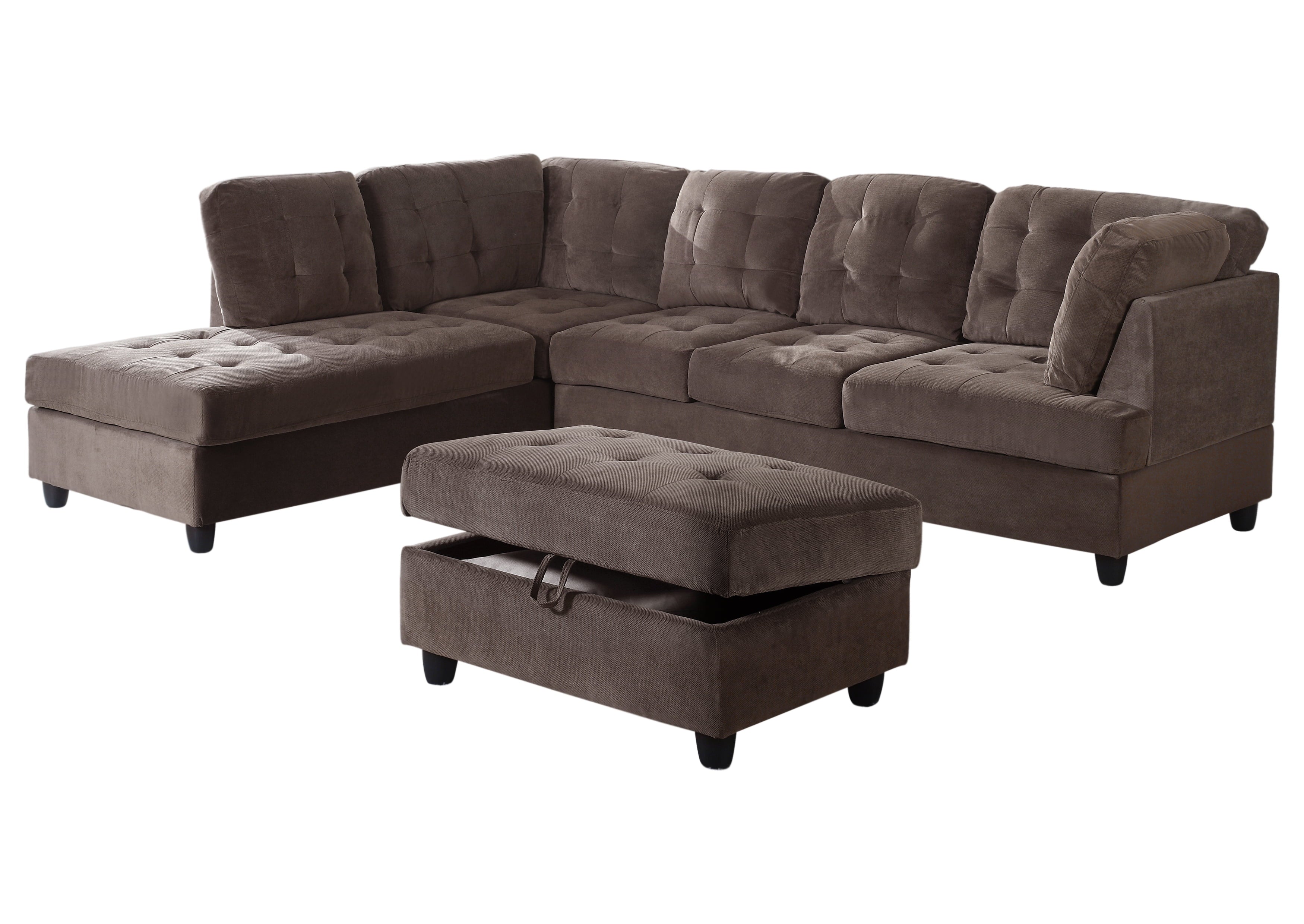 AYCP Furniture_Corduroy L Shape Sectional Sofa with Storage Ottoman, Espresso, Left Hand Facing Chaise