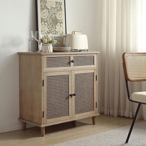 Rustic Natural Wood Buffet Cabinet with Waved Wood Mosaic Design