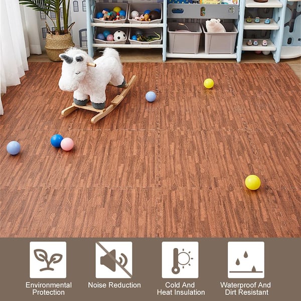 24 in. x 24 in. x 0.4 in. Deep Wood Grain EVA Interlocking Foam Floor Mat for Exercise, Protect Flooring (6-Tiles)