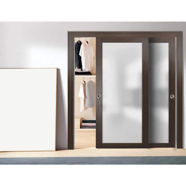 60 in. x 96 in. 1-Panel Grey Finished Solid Wood Sliding Door with Closet Bypass Hardware