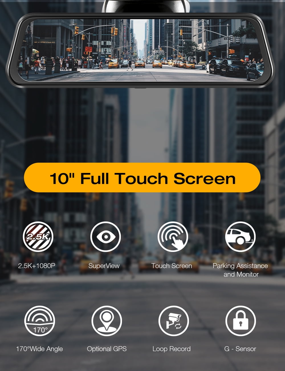 TOGUARD 2.5K Mirror Dash Cam for Car, Dual Dash Camera Front and Rear w/10