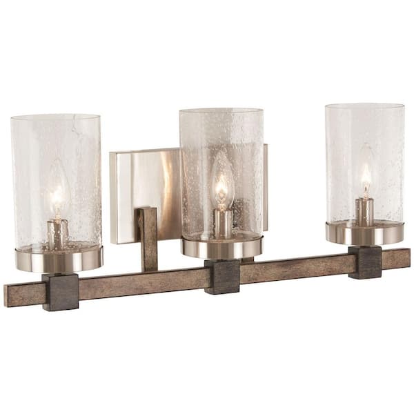 Bridlewood 3-Light Stone Grey with Brushed Nickel Bath Light with Clear Seedy Glass