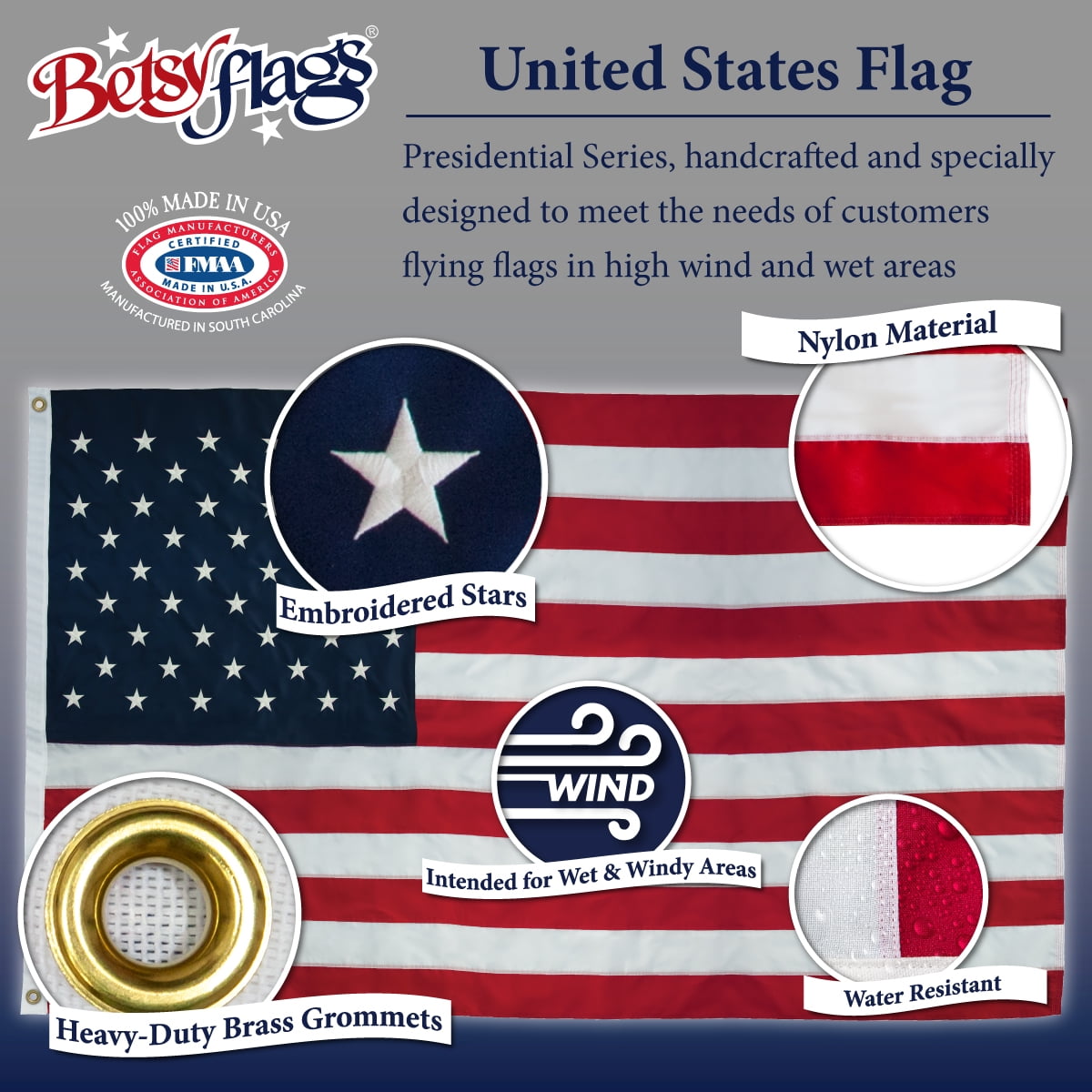 American Nylon Sewn and Embroidered Flag with Brass Grommets by Betsy Flags, 4' x 6'
