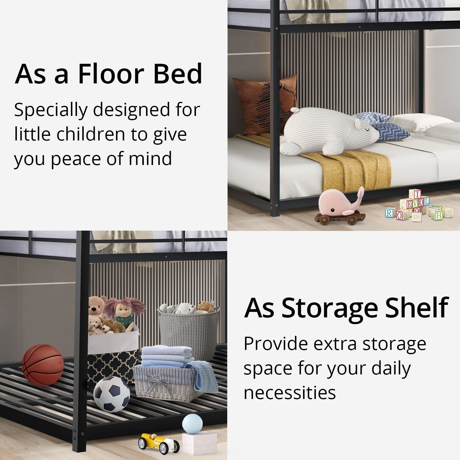 Full over Full Low Bunk Bed for Kids Teens Adults, Metal Bunk Bed Frame with Ladder and Safety Guardrails, Load-Bearing 350lb, Noise Free, Black 77.1''Lx55.9''Wx53.7''H