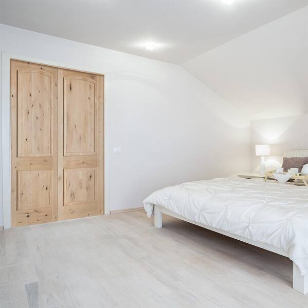 56 in. x 96 in. Rustic Knotty Alder 2-Panel Arch Top Both Active Solid Core Wood Double Prehung Interior French Door