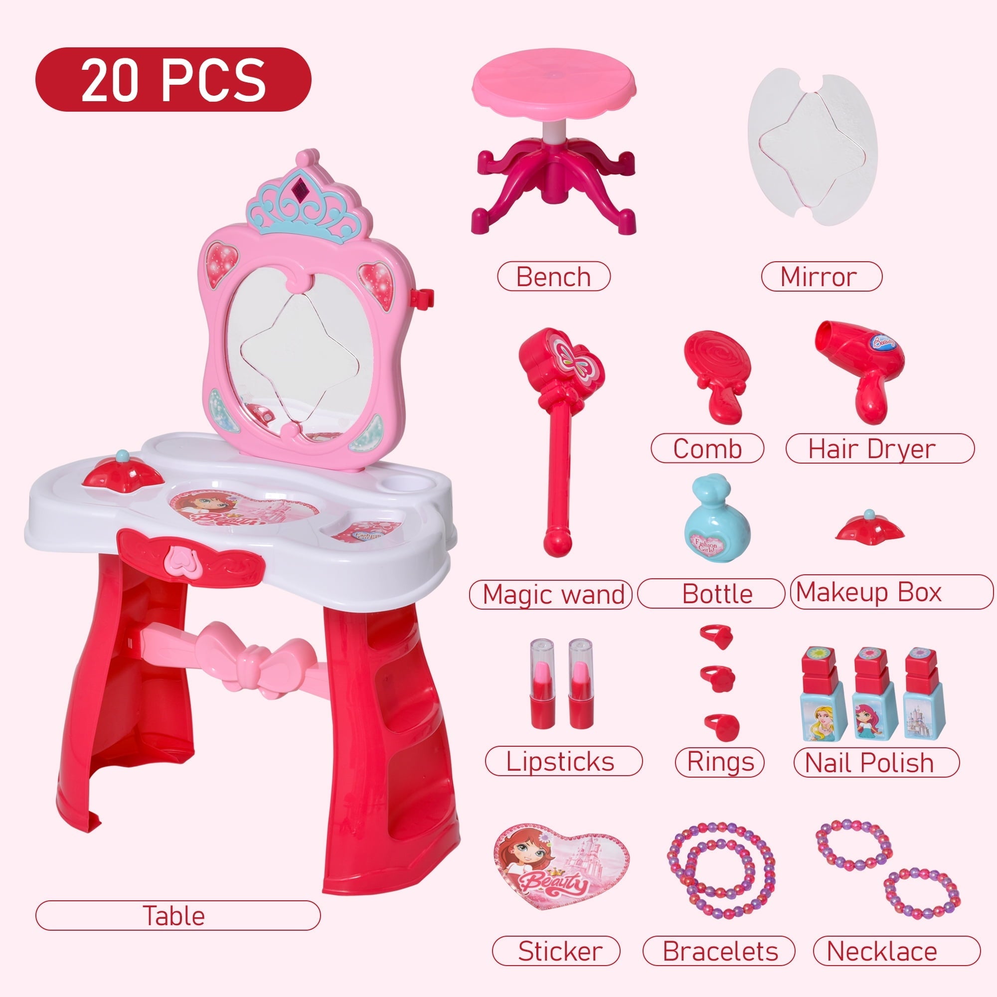 Qaba Children Dressing Table Set for Kids of 3-6 Years Dream Princess Vanity Set for Girls Make Up Table and Stool Set with Music and Lightening Pink White