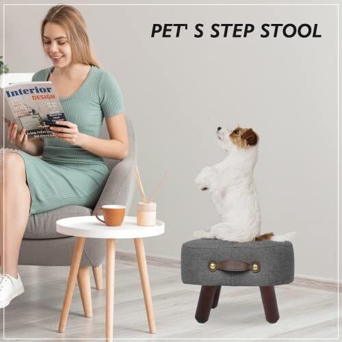 Footstool Ottoman with Handle Linen Curved Small Footstool Ottoman Footrest w...