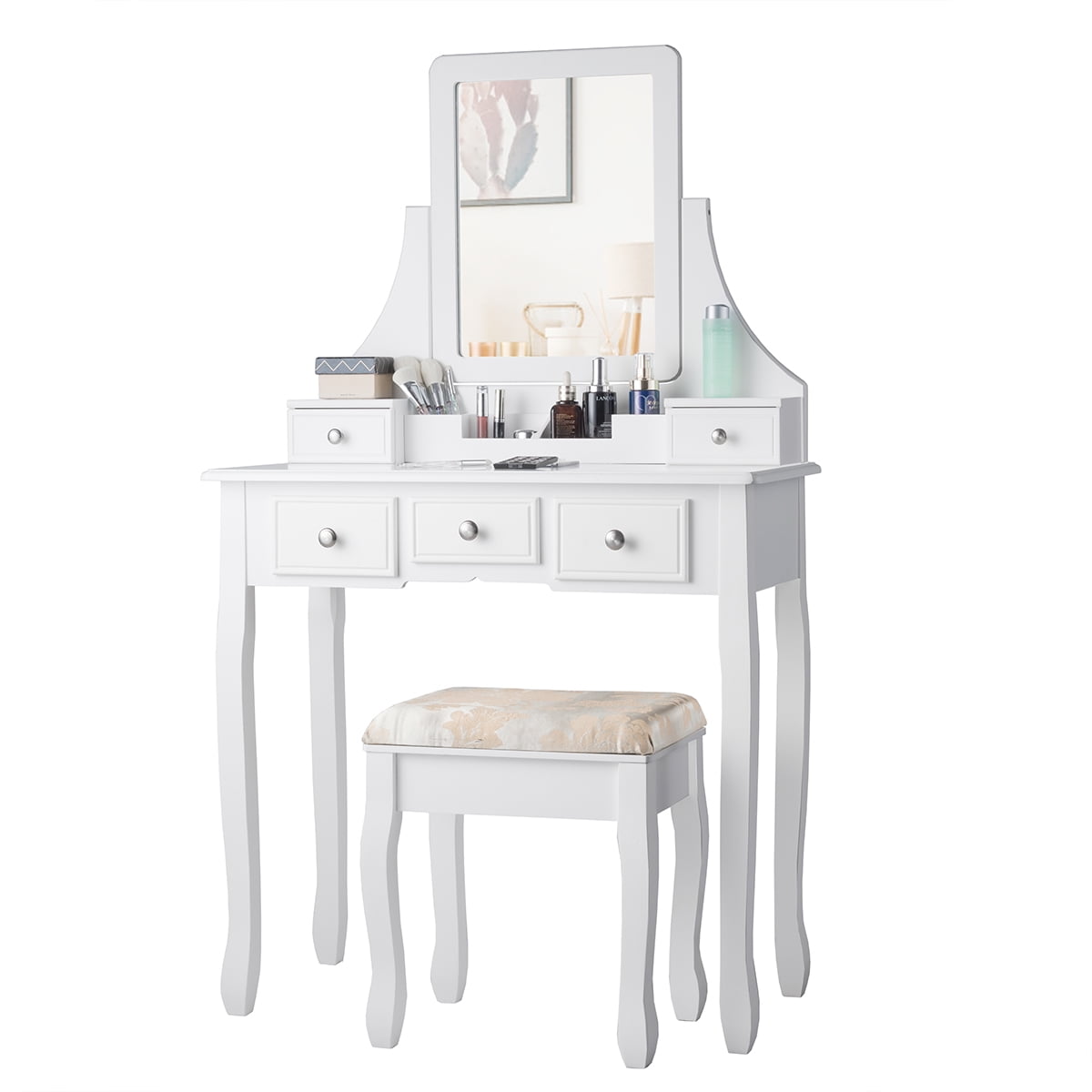 Gymax Vanity Set Makeup Dressing Table & Stool w/5 Drawers White