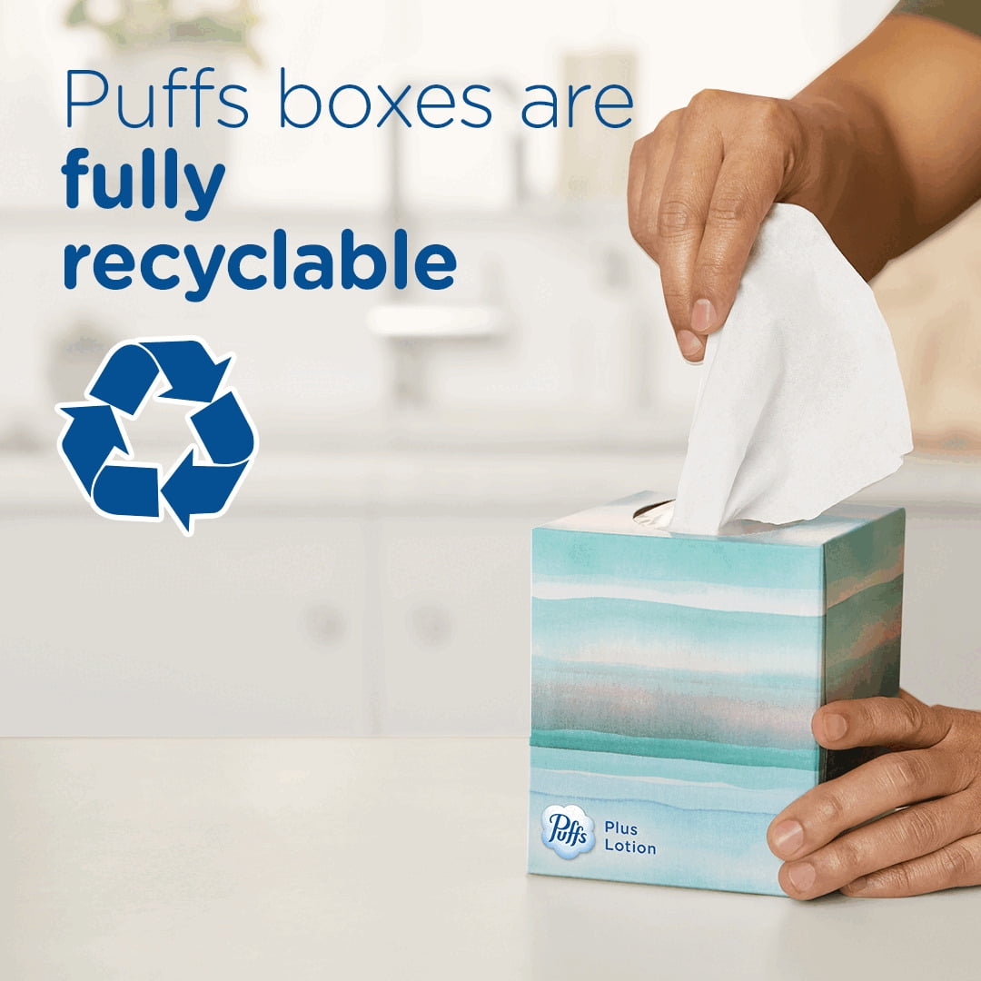 Puffs Plus Lotion Facial Tissues, 4 Family Box, 124 White Tissues per Box