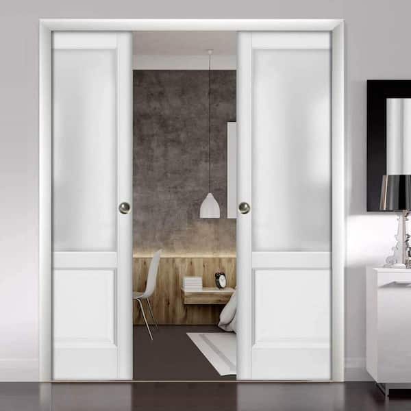 1422 56 in. x 84 in. 1 Panel White Finished Pine Wood Sliding Door with Double Pocket Hardware