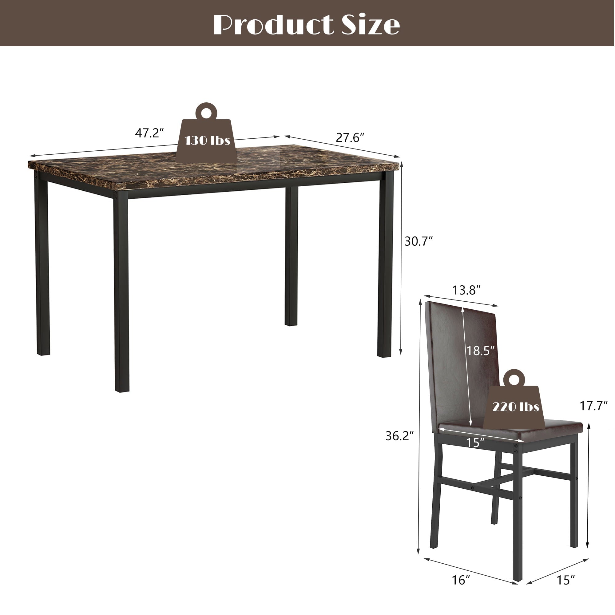 Paproos 5 Piece Dining Table Set, Dining Room Table Set with Marble Top and Faux Leather Upholstery Chairs, Modern Dinette Sets for Breakfast Nook, Compact Kitchen Table and Chairs Set, Brown