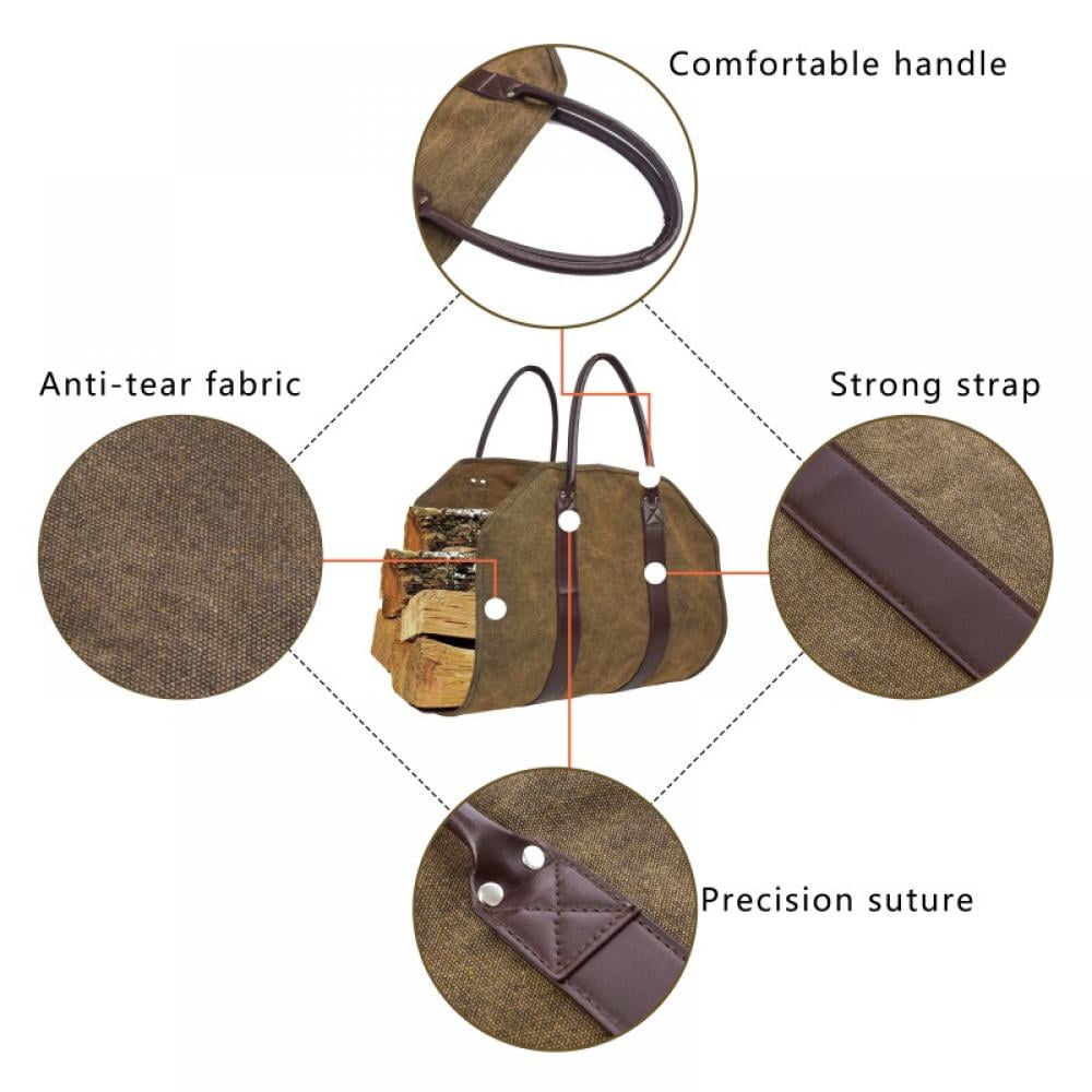 Pretty Comy Firewood Carrier 36x16 Inch Durable Waxed Canvas Log Carrier Heavy Duty Tote,Fire Place Sturdy Wood Carring Bag with Handles Security Strap for Camping Indoor
