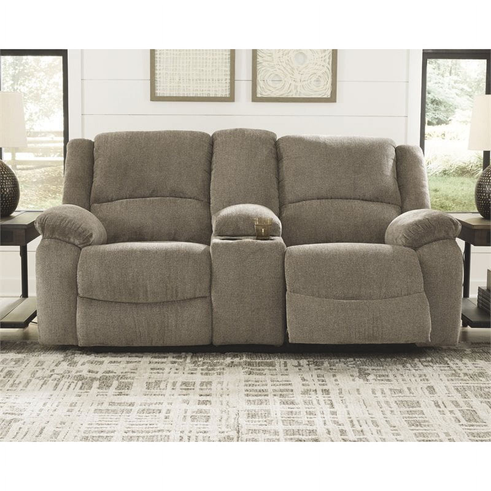 Bowery Hill Contemporary Fabric Reclining Loveseat with Console in Pewter