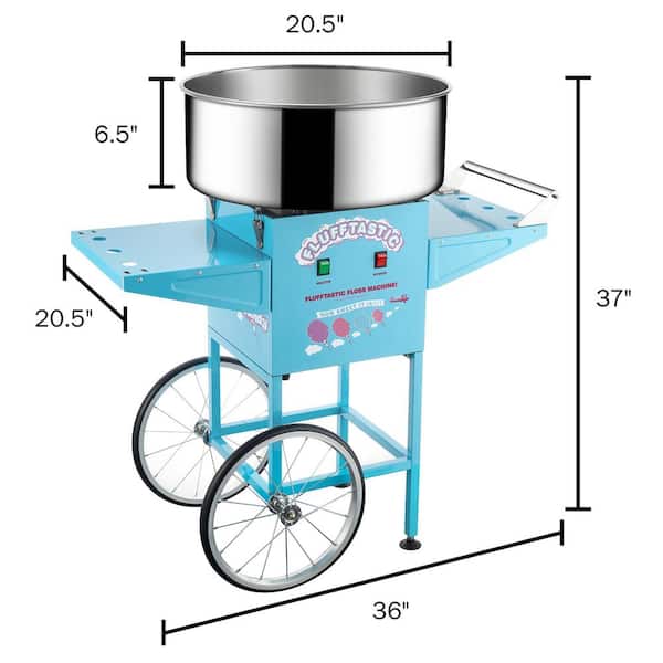 Blue Cotton Candy Machine and Cart- Flufftastic Floss Maker- Stainless Steel Pan, 2 Side Trays & 13 in. Wheels