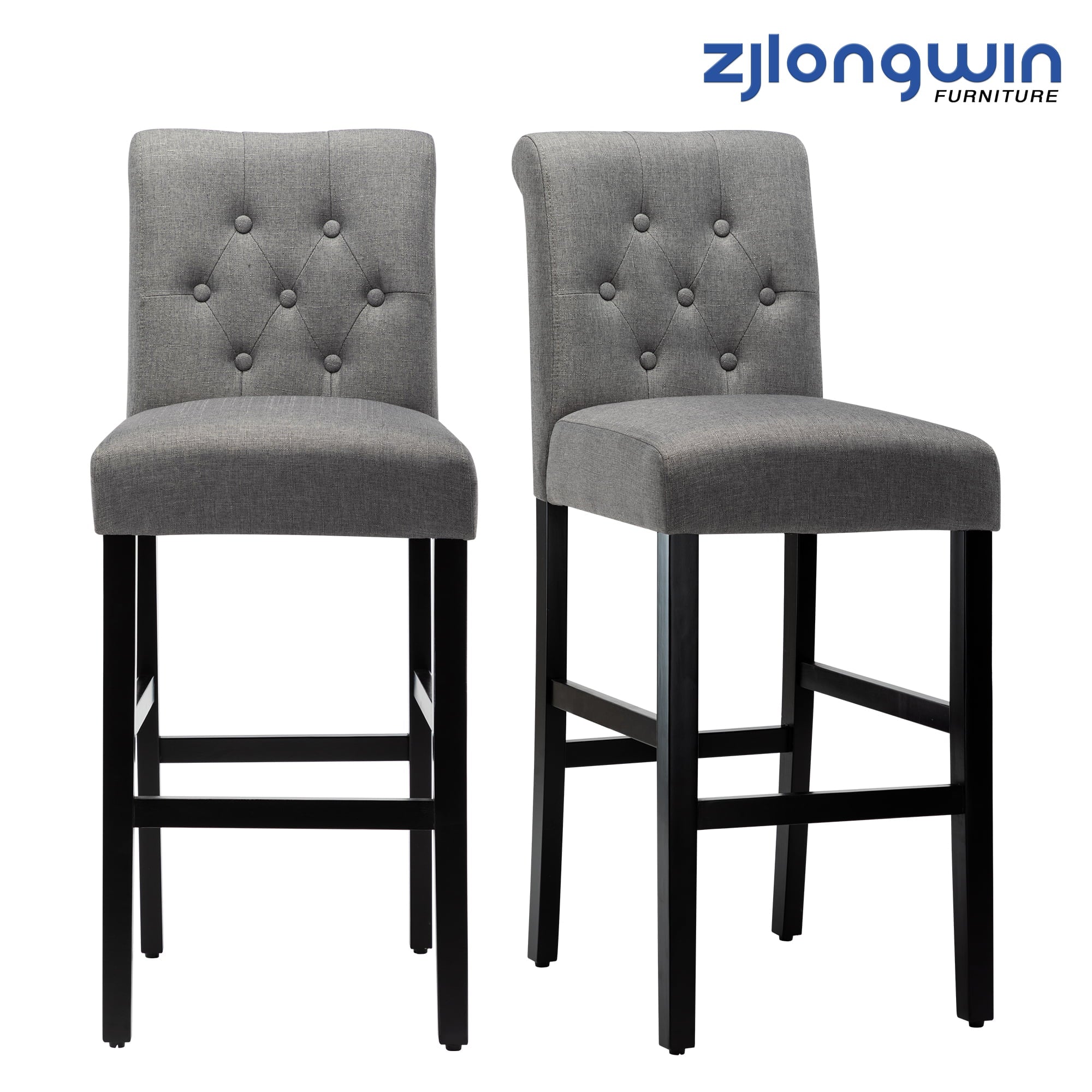 Bar Height Full Back Button Tufted Fabric Upholstered Bar Stool, Gray, Set of 2