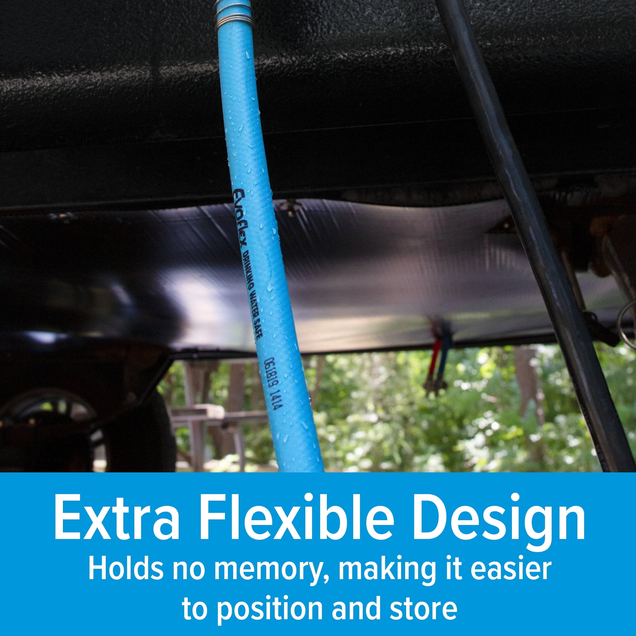 Camco EvoFlex 25-Foot Camper/RV Drinking Water Hose | Stainless Steel Strain Reliefs Ends, Blue (22594)