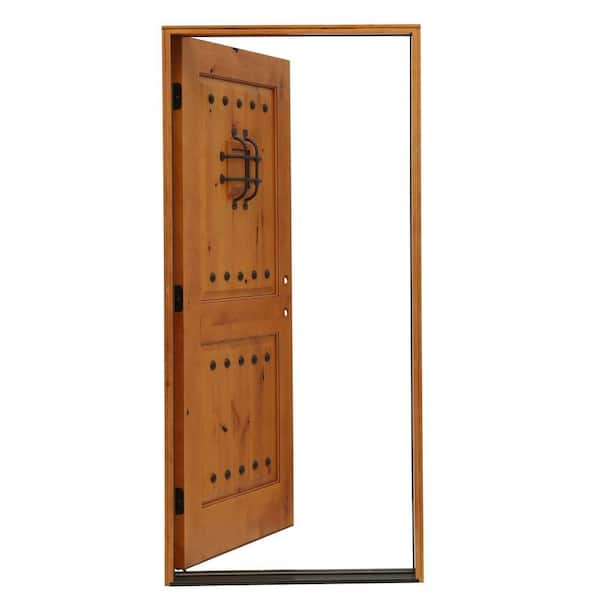 36 in. x 80 in. Rustic 2-Panel Square Top V-Grooved Stained Knotty Alder Prehung Front Door