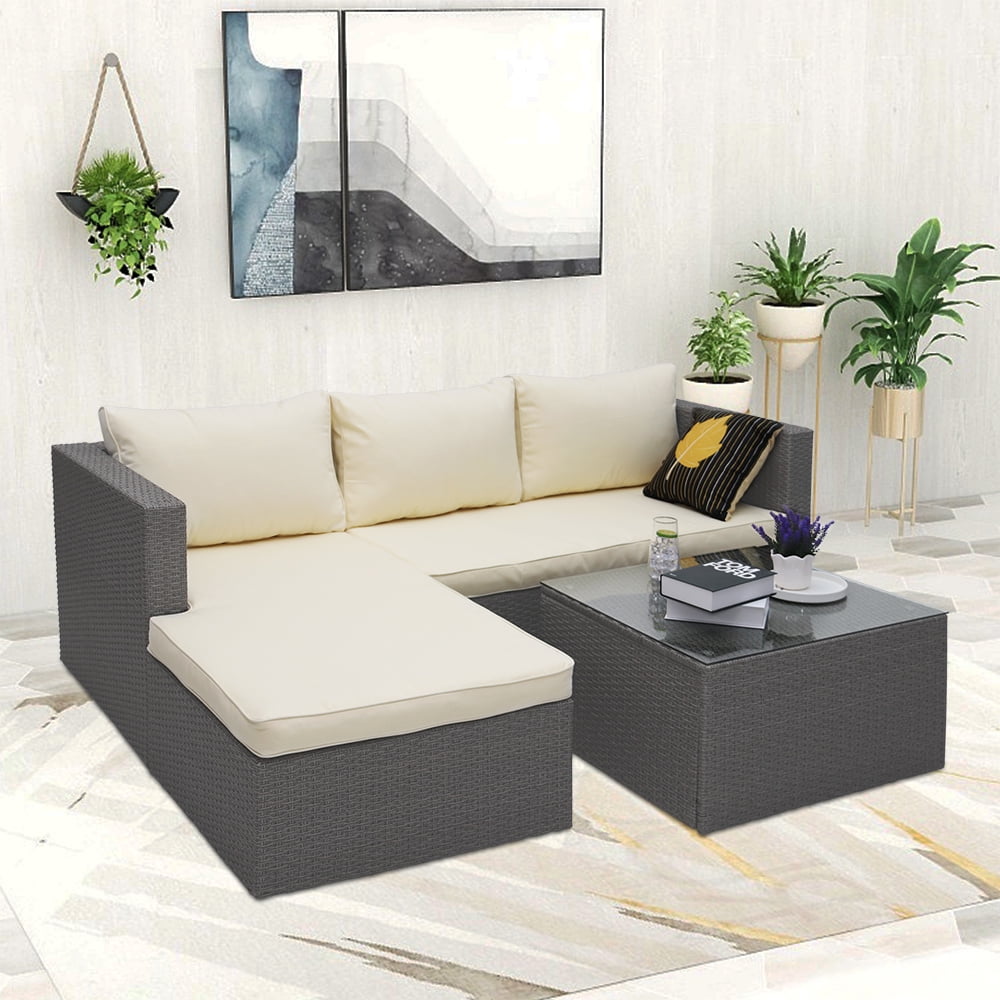 Abble 3 Piece Wicker Sectional Conversation Set with Cushions - Grey