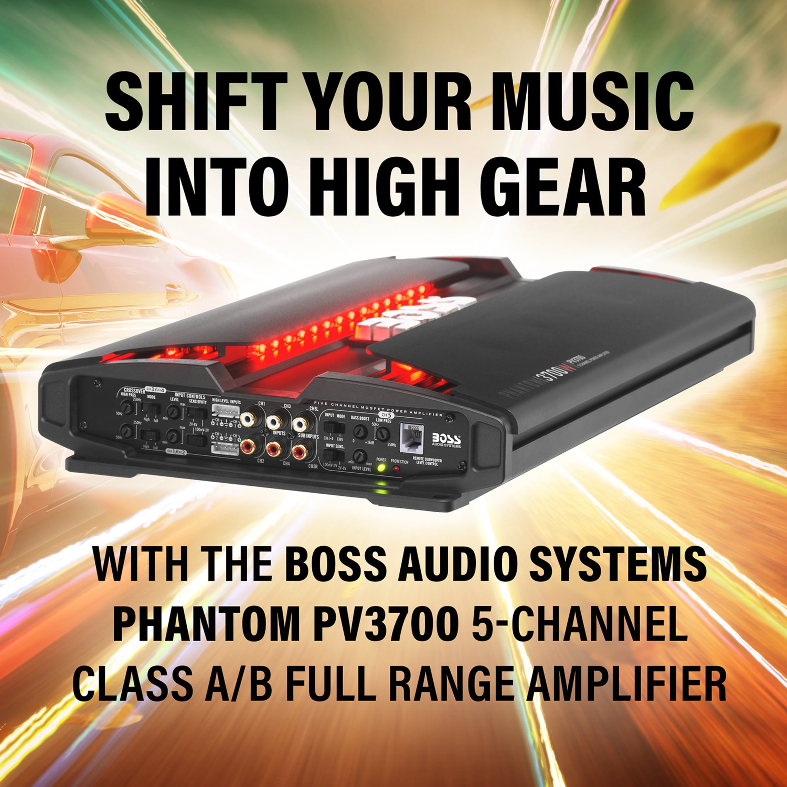 BOSS Audio Systems PV3700 5 Phantom Series Car Audio Amplifier – 3700 High Output, 5 Channel, 2/4 Ohm Stable, Low/High Level Inputs, High/Low Pass Crossover, Full Range, Bridgeable, Subwoofer