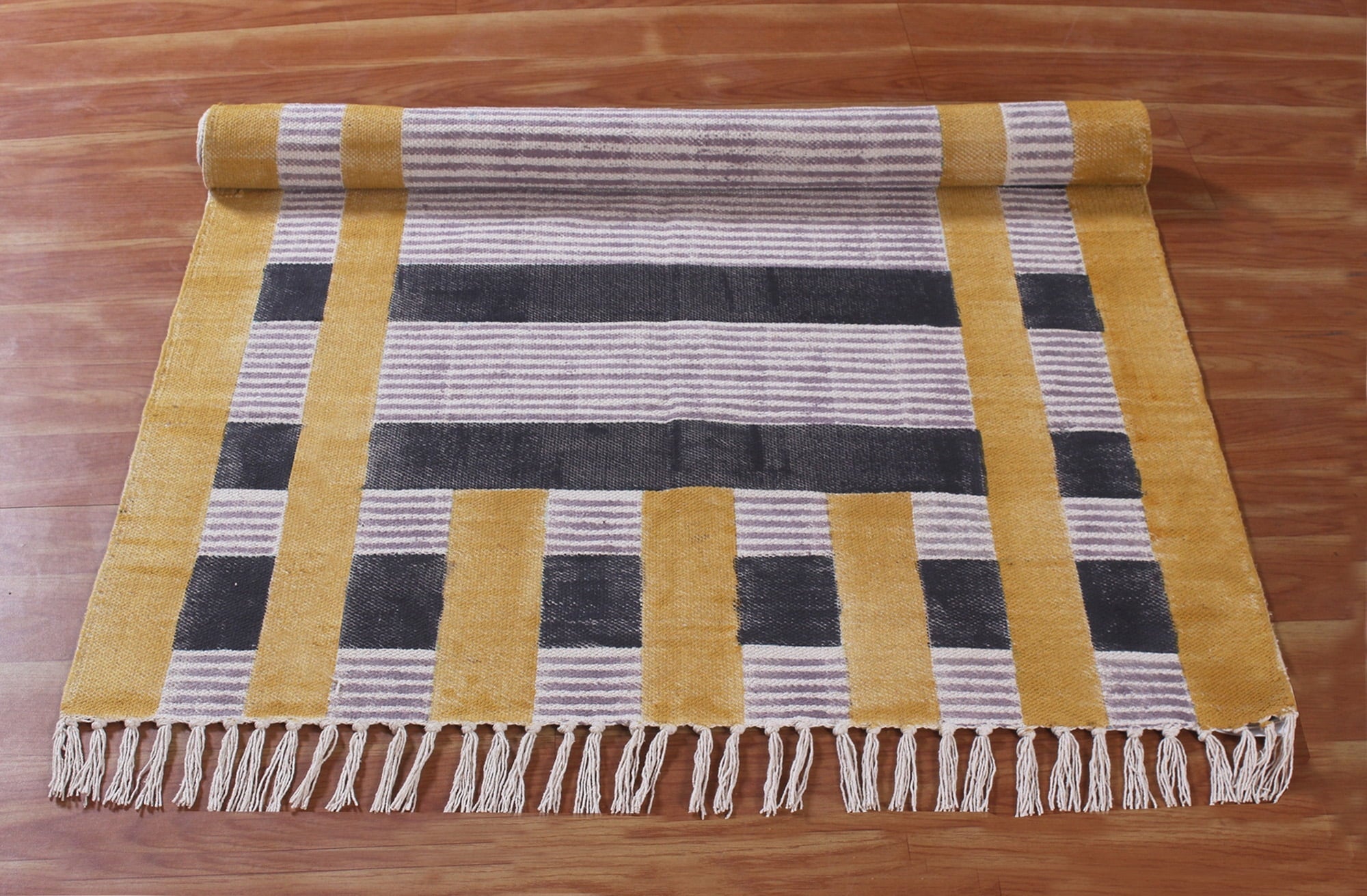 Casavani Hand Block Printed Yellow Cotton Dhurrie Geometric Yoga Mats Kitchen Mat 2x3 feet