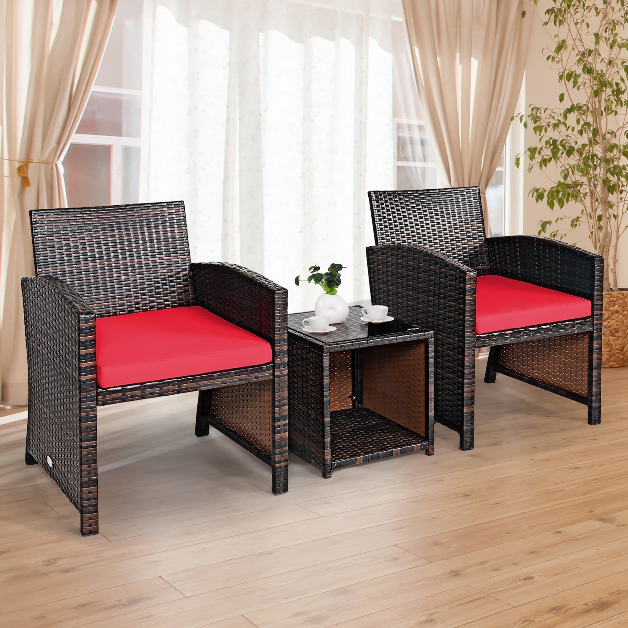 Costway 3PCS Patio Rattan Wicker Furniture Cushion Sofa Coffee Table Red