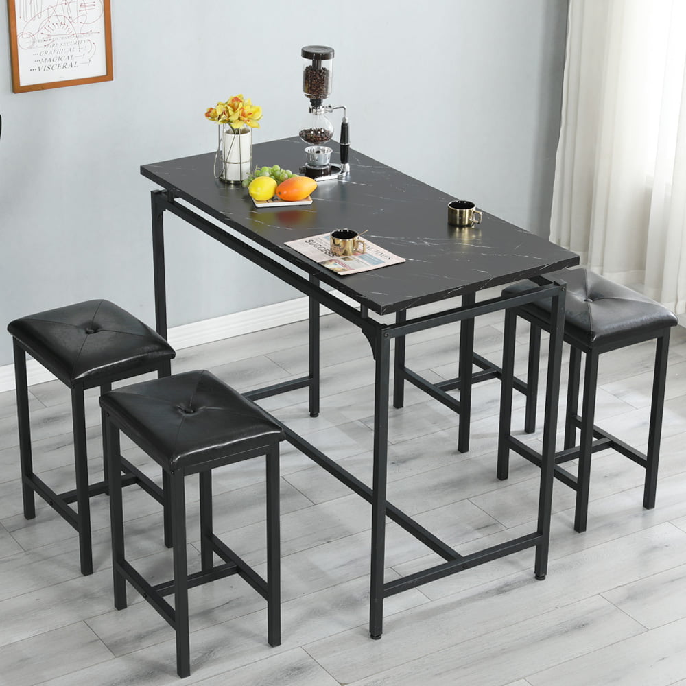 Counter Height Dining Set for 4, BTMWAY 5-Piece Bar Height Dining Room Table Sets, Faux Marble Dining Table and 4 Upholstered Chairs Set, Space Saving Metal Frame Breakfast Diner Table Set, Black