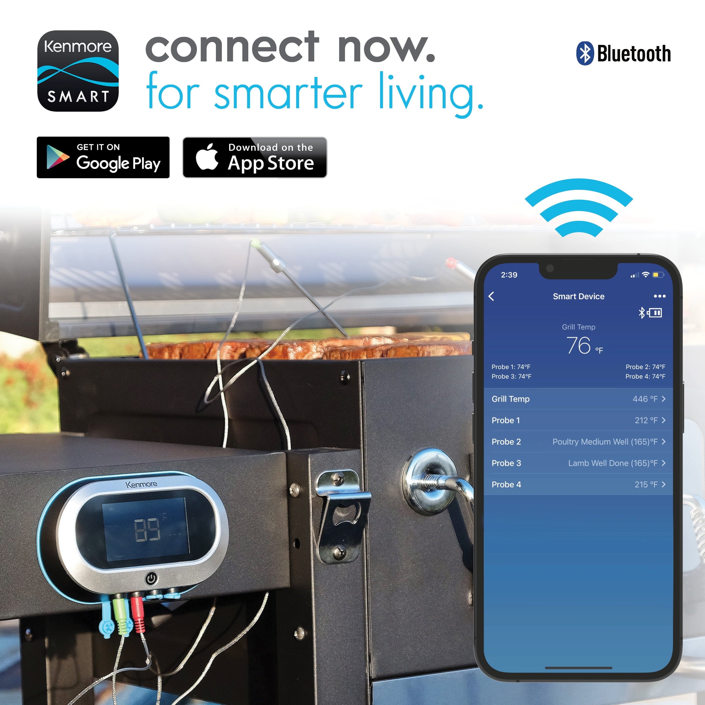 32-inch Smart Charcoal Grill with Bluetooth Meat Thermometer, LCD Display, and Temperature Probes, Stainless Steel/Black