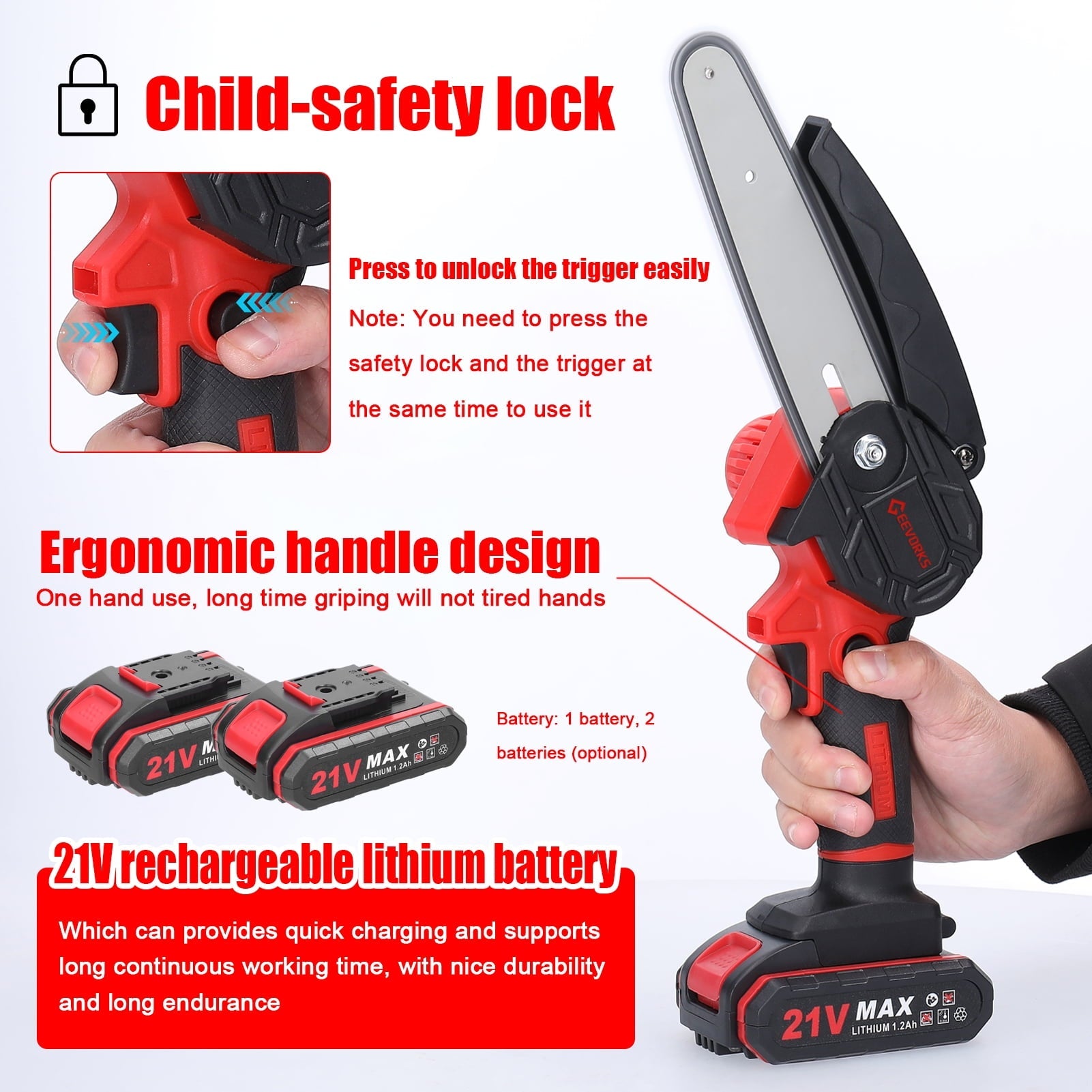 Geevorks Mini Chainsaw 6-inch with 2pcs Batteries, Cordless Power Chain Saws with Security Lock for Wood Cutting Tree Pruning Trimming