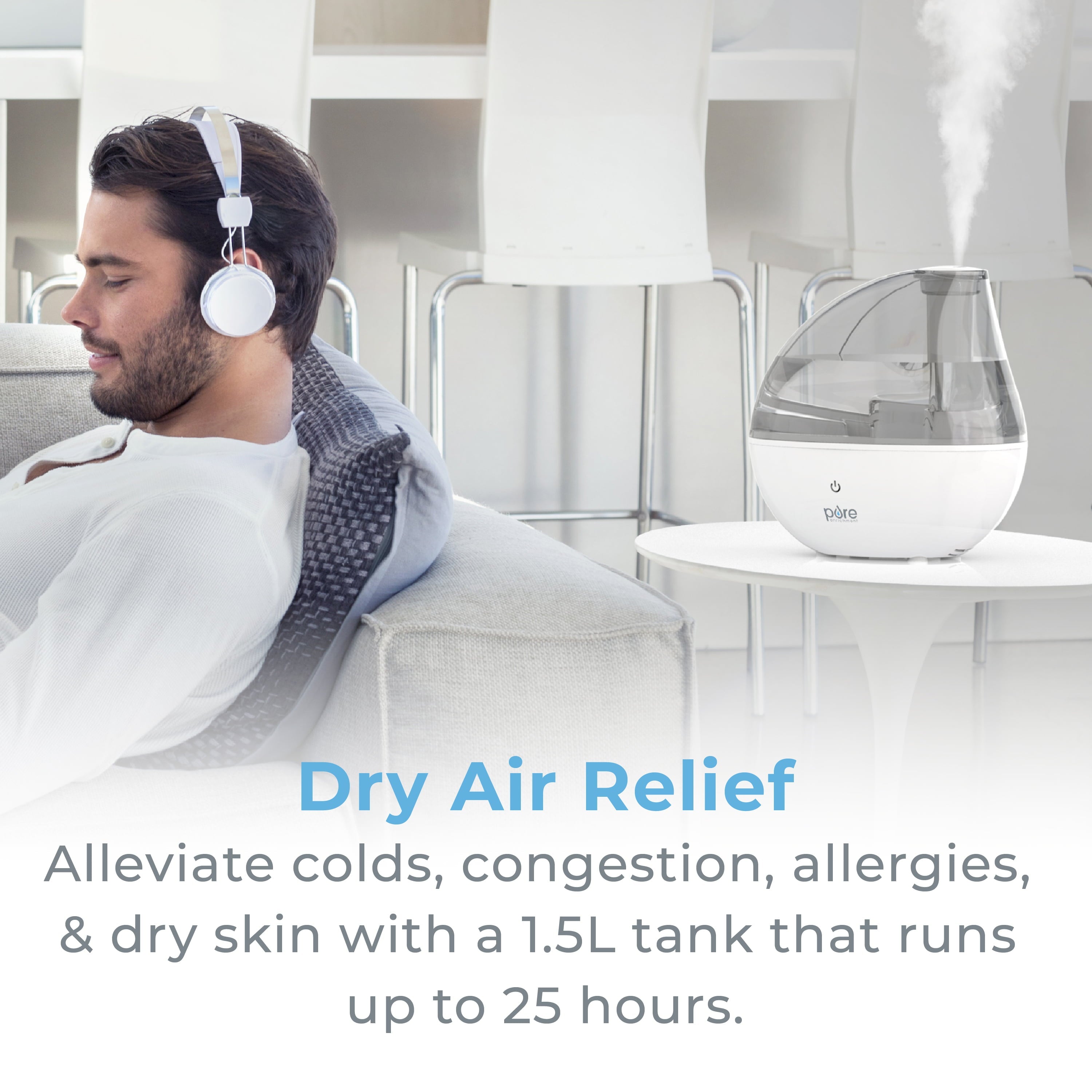 Pure Enrichment® MistAire™ Silver Ultrasonic Cool Mist Humidifier - Lasts Up to 25 Hours, Whisper-Quiet Overnight Operation, 360° Mist Nozzle, Easy-Fill Tank, & Auto Safety Shut-Off