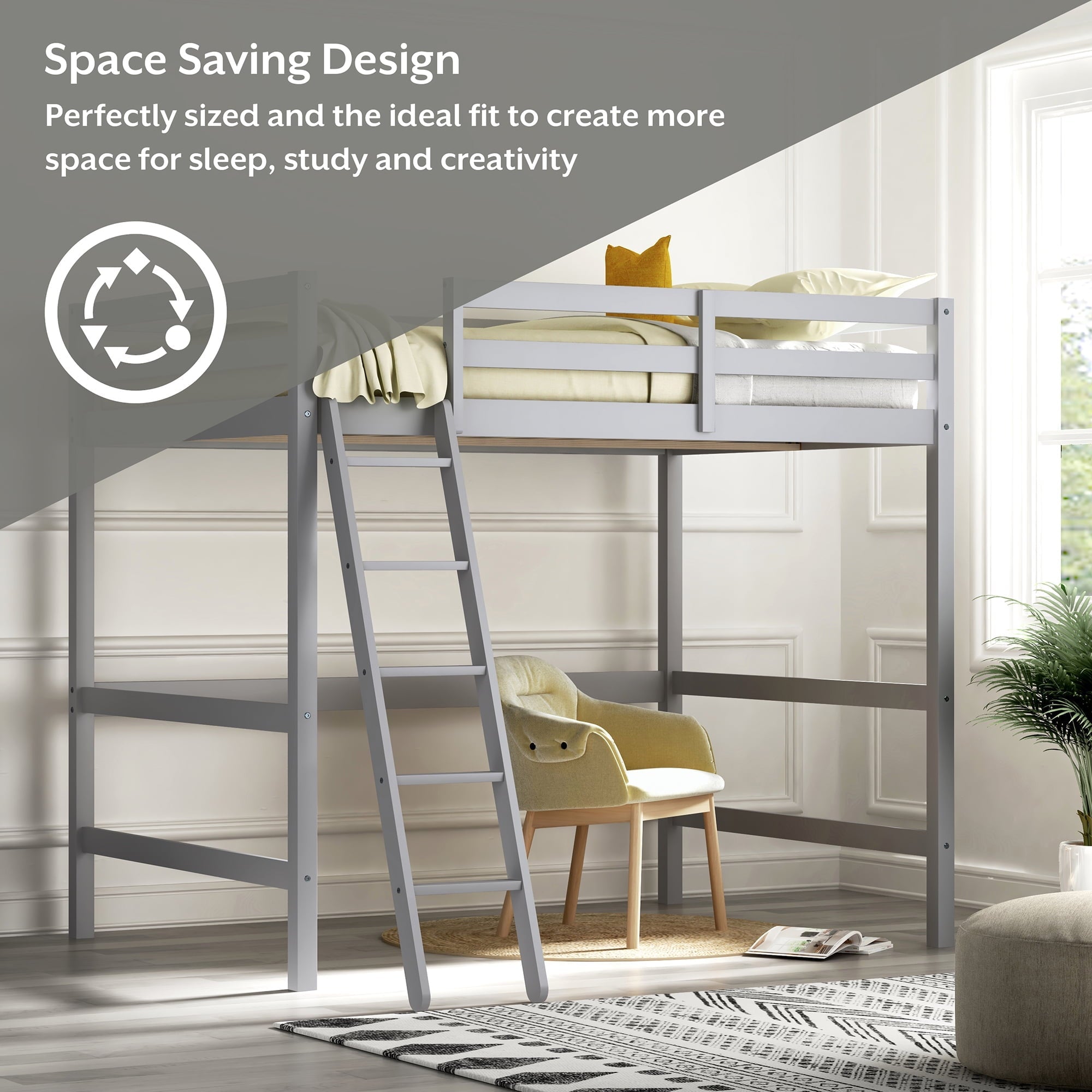 Hillsdale Campbell Wood Full Loft Bunk Bed with Ladder, up to 350 lbs Capacity, Gray