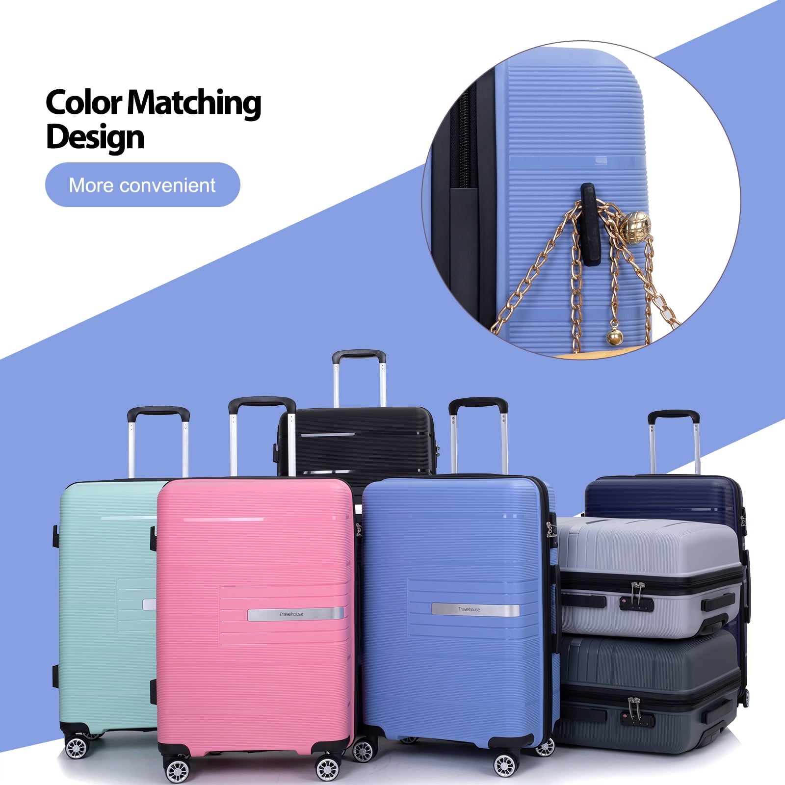 Tripcomp 3 Piece Luggage Sets, Hard shell Carry On Luggage, PP case with Two Hooks, Spinner Wheels, TSA Lock, Airline Approved, Lightweight Durable Suitcase, （20”24”28”）(Purplish Blue)